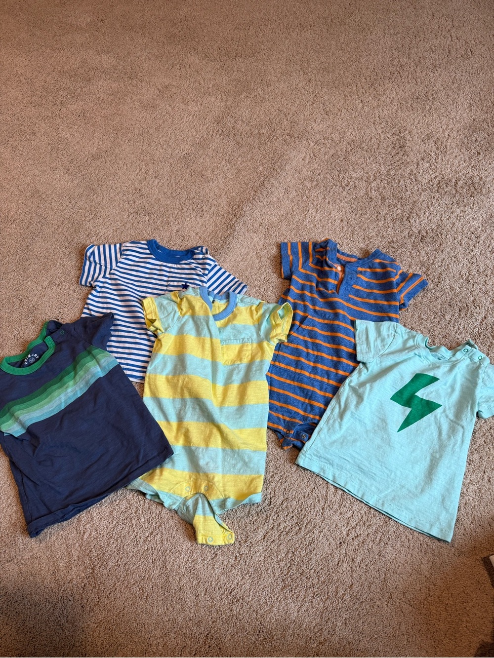Primary Kids Short-Sleeve Tees & Rompers in Blue, Yellow, Green